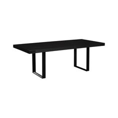 a black table with metal legs and a rectangular top, viewed from the front view