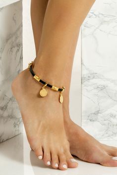 This is a slim leather anklet handmade with 24k gold or silver plated embellishments which means they don't tarnish with sun. It comes in two colors, black & natural tan. Wear it with cropped hemlines all summer long layered or solo. Greek Chic Handmades leather anklets are handcrafted in Athens, Greece. We use the finest materials, the same premium leather we built the sandals with and the impeccable local craftsmanship. Handmade Gold Ankle Wrap Jewelry, Gold Ankle Wrap Bracelets For Festivals, Bohemian Gold Ankle Wrap Bracelets, Boho Anklets Bohemian, Black Anklet, Beach Wedding Sandals, Leather Anklets, Beach Wedding Shoes, Anklet Designs