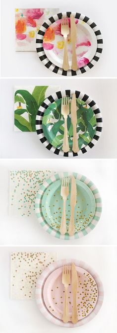 four different plates with forks and spoons on them