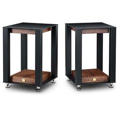 two black and wood side tables with wheels