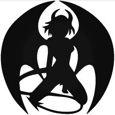 the silhouette of a woman sitting in front of a black and white circle with an arrow