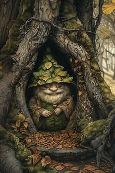 Description: This enchanting art print features a serene gnome resting peacefully within the hollow of an ancient tree, adorned with leaves and surrounded by forest foliage. Ideal for decoupage and crafting, this piece adds a touch of whimsical tranquility and natural charm to any creative project or space. Characteristics: gnome, tree hollow, leaves, serene, forest, foliage, whimsical, tranquil, natural, enchanting Uses:  Our decorative art papers are produced with quality ink and materials to ensure ease of application, vivid images, and a professional-looking finish that will take your projects to the next level. We carry a variety of paper types and sizes allowing for versatile application across a range of surfaces and project scales. These prints can be used for updating and rejuvena Gnomes With Tree, Gnomes And Trees, Pine Grove Gnomes, Gnomes Made With Leaves, Goblincore Art, Tree Hollow, Gnome Tree, Forest Gnome, Forest Foliage