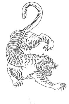 a drawing of a tiger in black and white with the tail curled up, it's mouth open