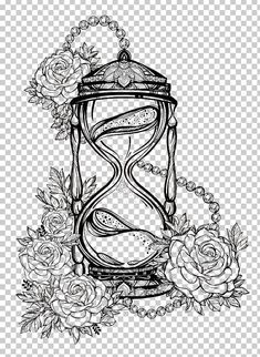 an hourglass with roses and leaves on it, in black and white transparent background