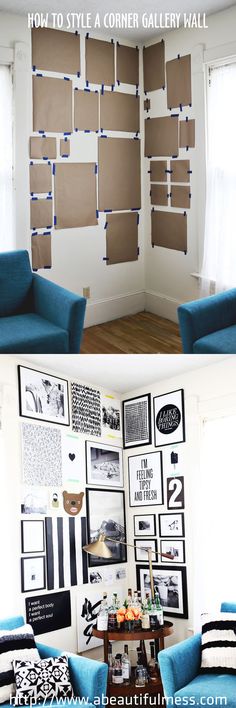 a living room with blue couches and pictures on the wall above it, and below them