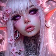 a woman with pink hair and piercings on her face is surrounded by cherry blossoms