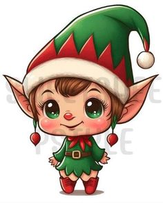 a little elf with a green and red hat on it's head, standing in front of a white background