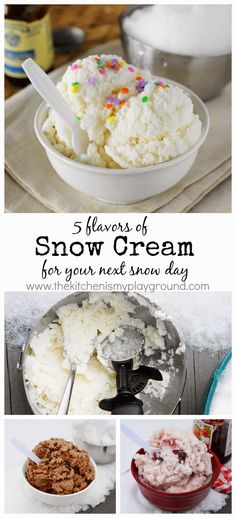 there are four different pictures with the words 5 flavors of snow cream for your next snow day