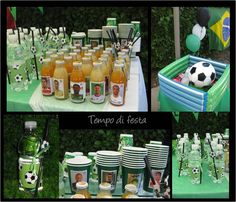 a table topped with lots of bottles and cups filled with liquid next to a soccer ball