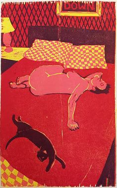 a drawing of a woman laying on a bed next to a black cat and lamp