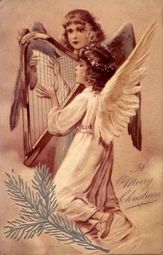 an angel playing a harp with pine branches