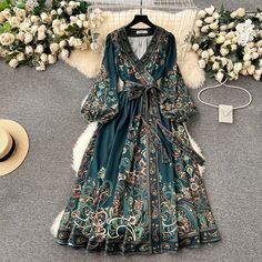 Lasaky - Elegant Long Dress with Waist Tie and Floral Print Long Fall Dresses, Elegant Long Dress, Retro Skirt, Princess Sleeves, Mid Skirt, Cotton Long Dress, Elegant Dresses Long, Retro Chic, Printed Dress