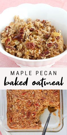 maple pecan baked oatmeal in a white bowl