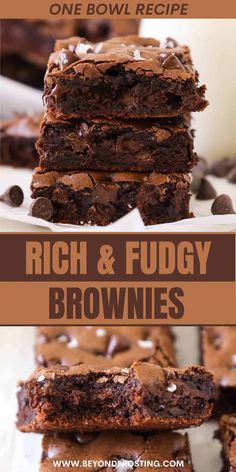 rich and fudgey brownies stacked on top of each other