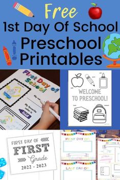 the first day of school preschool printables with pictures and words on it, including an apple