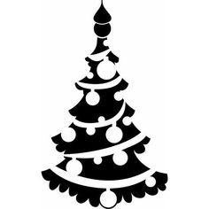 a black and white silhouette of a christmas tree with ornaments on it's top