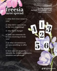 a poster with numbers and flowers on it that says, freesia tarot spread