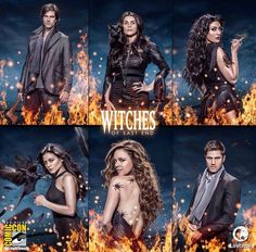 the cast of tv series witches posing in front of fire