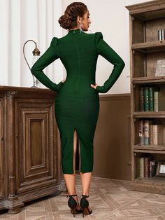 DescriptionStyleSexySleeve LengthLong SleeveSleeve TypePuff / BalloonNecklineStand CollarFabricPolyesterEmbellishmentZipperDesignOpen ShoulderPatternSolid ColorOccasionPartySeasonSpring, Summer, Fall, WinterClosuresZipperGroupAdultsGenderWomenComponentsDressWeight0.78kg Elegant Green Long Sleeve Bodycon Dress, Fitted Green Long Sleeve Midi Dress, Green Long Sleeve Fitted Midi Dress, Long Sleeve Midi Dress With Back Zipper For Evening, Green Long Sleeve Bodycon Midi Dress, Green Long Sleeve Bodycon Dress, Chic Long Sleeve Slim Fit Bodycon Dress, Winter V-neck Stretch Long Sleeve Dress, Green Bodycon Dress With Long Sleeves