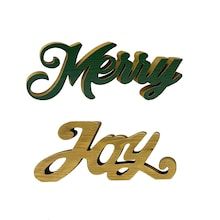 merry and joy wood cutouts are shown in gold, green and black colors