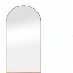 an arch shaped mirror is shown against a white background with gold trimmings on the edges