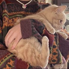 a woman holding a cat in her arms and wearing a sweater with an animal on it