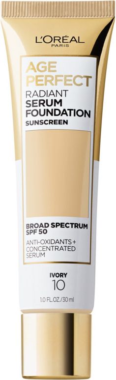 The L'Oreal Age Perfect Radiant Foundation is formulated with SPF 50, Vitamin B3 and Hydrating Serum for all day hydration. Evens tone and provides a natural, radiant finish. Suitable for sensitive skin, tested under dermatological control and non-comedogenic. Best Drugstore Foundation, Foundation With Spf, Hair Color Brands, Lightweight Foundation, Hair Care Tools, Serum Foundation, Serum Cream, Hair Care Brands, Cosmetics Ingredients