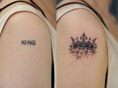 two pictures of the same tattoo on one arm and another with a crown on it