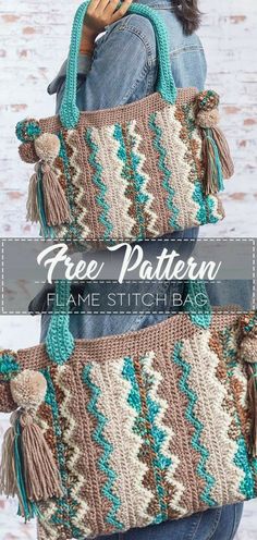 a woman is holding a crocheted bag with tassels on it and text overlay that says free pattern flame stitchbag