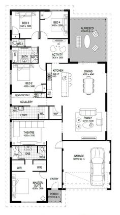 the floor plan for a two story house with an attached garage and living room area