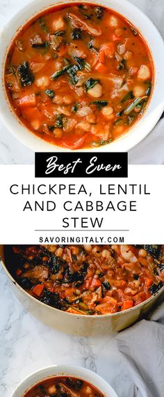 two bowls of chicken, lentil and cabbage stew with text overlay that reads best soup