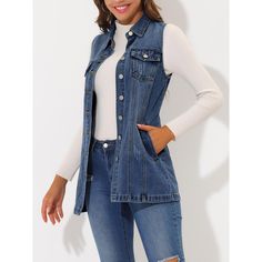 This jean vest jacket is made of soft and breathable denim cotton. Falls to mid-thigh for an elegant look that is slimming, flattering, and comfortable to wear. Suitable for daily casual, vacation, school, shopping, weekend gatherings or shopping etc. You can match it with a sweater for fall and winter or a casual tank cami for sunshine and summer. It is a good choice for the upcoming season. Sleeveless Denim Jacket With Pockets For Fall, Spring Button-up Denim Vest With Pockets, Casual Sleeveless Denim Jacket With Buttons, Casual Denim Vest With Pockets For Workwear, Workwear Medium Wash Denim Vest With Pockets, Medium Wash Denim Vest With Pockets For Work, Fall Sleeveless Denim Vest With Pockets, Casual Sleeveless Denim Jacket With Button Closure, Button-up Denim Vest For Work With Pockets