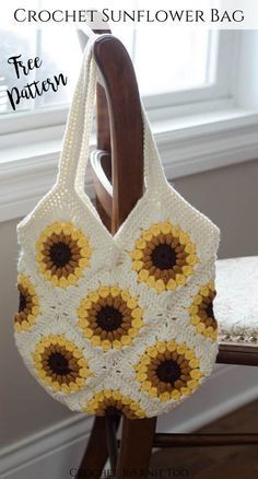 a crocheted sunflower bag sitting on top of a wooden chair