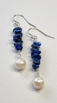 Lapis Lazuli Freshwater Pearl Sterling Silver Earrings Navy | Etsy Simple Bead Earrings, Sundance Style Jewelry, Making Jewelry For Beginners, Sundance Style, Boho Chic Earrings, Natural Stone Earrings, Boho Cottage, Silver Jewelry Design