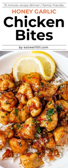 honey garlic chicken bites on top of rice with lemon wedges