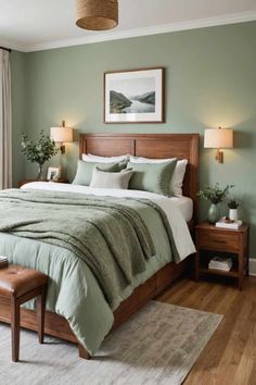 a bedroom with green walls and wooden furniture