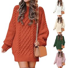 Women's Winter O-Neck Long Sleeve Solid Pullover Sweater Knitted Long Sleeve Acrylic Sweater Dress, Knitted Long Sleeve Sweater Dress In Acrylic, Long Sleeve Acrylic Sweater Dress For Winter, Knitted Stretch Sweater Dress For Fall, Casual Long Sleeve Acrylic Sweater Dress, Casual Acrylic Sweater Dress For Fall, Winter Crew Neck Sweater Dress With Stretch, Stretch Acrylic Long Sleeve Sweater, Stretch Acrylic Knitted Sweater