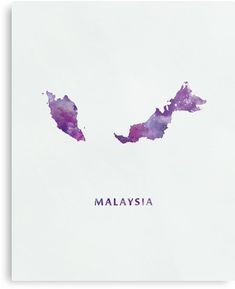 a watercolor map of malaysia with the word malaysia written in purple ink on a white background