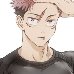 a young man with pink hair is looking at the camera and has his hand on his head