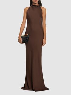 Find REMAIN BIRGER CHRISTENSEN Halter Neck Satin Maxi Dress on Editorialist. Back button closure at collar with cutout. Back lace panel. All over pattern placement may vary. Unlined. Model is wearing a size36 Brown Dress Satin, Brown Satin Dress, Brown Dresses Formal, Halter Neck Maxi Dress, Birger Christensen, Versace Brand, Silk Dress Long, All Over Pattern, Maxi Slip Dress