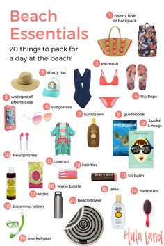 the beach essentials list is shown here