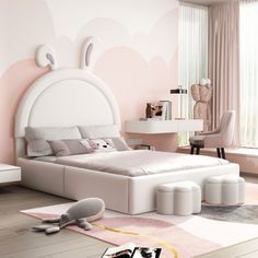 a bedroom with pink walls and white furniture in the corner, along with an animal rug on the floor