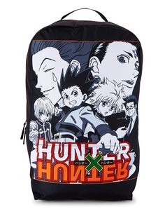 Bring Gon and Killua on all of your adventures when you get this awesome backpack! This officially licensed Hunter x Hunter Backpack features an image of the show's best characters and will help you carry your belongings with ease. With a laptop pocket and two side pockets, you'll be able to bring along everything you need! Officially licensed Adjustable straps Strap Length: 36" 1 Large zipper pocket 1 Front pocket 1 Laptop pocket 2 Side pockets Zipper closure Fully lined Dimensions: 18.9"H x 11 Casual Cosplay Standard Backpack, Black Backpack For Cosplay, Casual Standard Backpack For Cosplay, Themed Backpack With Character Print For Back To School, Casual Character Print Backpack For Back To School, Casual Backpack With Character Print For Back To School, Black Backpack With Character Print, Black Standard Backpack With Character Print, Back To School Backpack With Character Print