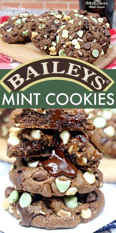 chocolate mint cookies stacked on top of each other with the words bailey's mint cookies