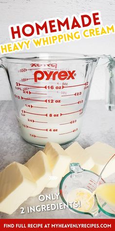 the ingredients for homemade heavy whipping cream in a measuring cup, with text overlay