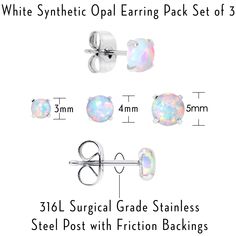 Popular opal style. 3 pairs of stud earrings! 316L surgical grade stainless steel posts. Friction backings to secure these mesmerizing beauties in your pierced ears. Each pair has a different stud size to create multiple looks. What are you waiting for? Grab your set of 3 pairs of divine white synthetic opal stud earrings before you miss out! Specifications: 316L Surgical Grade Stainless Steel Post with Friction Backings. 3mm, 4mm, and 5mm Sold as a Pack of 3 Pairs of Stud Earrings White Hypoallergenic Stainless Steel Earrings, Hypoallergenic White Stainless Steel Earrings, Divine White, Earring Pack, Opal Stud Earrings, Synthetic Opal, Opal Earrings Stud, Opal Studs, Ear Candy