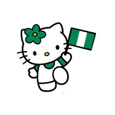 a hello kitty holding a flag in its hand and wearing a green bow on it's head