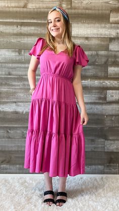 wishlist tiered midi dress in magenta with flutter sleeves WL24-8625 On Date, Flattering Dress, Vacation Wear, Flattering Dresses, Tier Skirt, Lovely Dresses, Tiered Skirt, On Vacation, Graduation Party