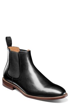 A timeless Chelsea boot crafted from burnished leather with contrast welt stitching features a padded footbed and a flexible rubber sole for all-day comfort. Leather upper/textile lining/rubber sole Imported Classic Black Slip-on Chelsea Boots, Formal Black Chelsea Boots With Leather Footbed, Classic Black Chelsea Boots With Rubber Sole, Classic Fitted Chelsea Boots With Rubber Sole, Classic Chelsea Boots With Leather Lining And Plain Toe, Classic Black Goodyear Welted Chelsea Boots, Casual Chelsea Boots For Formal Occasions, Goodyear Welted, Classic Chelsea Boots With Leather Lining, Classic Chelsea Boots With Moc Toe