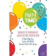 a party time poster with balloons and confetti